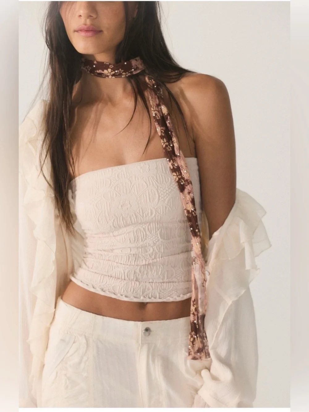Free People ultra skinny Brown and Pink Floral Neck Scarf